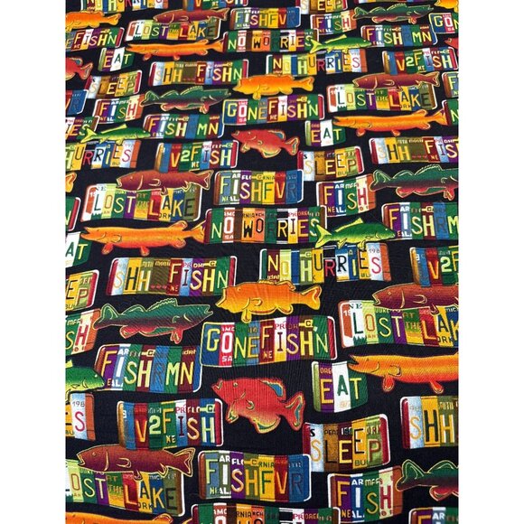14" x 44" Lov 2 Fish Cotton Fabric with Fishing License Plate Print by AKO - Picture 1 of 6